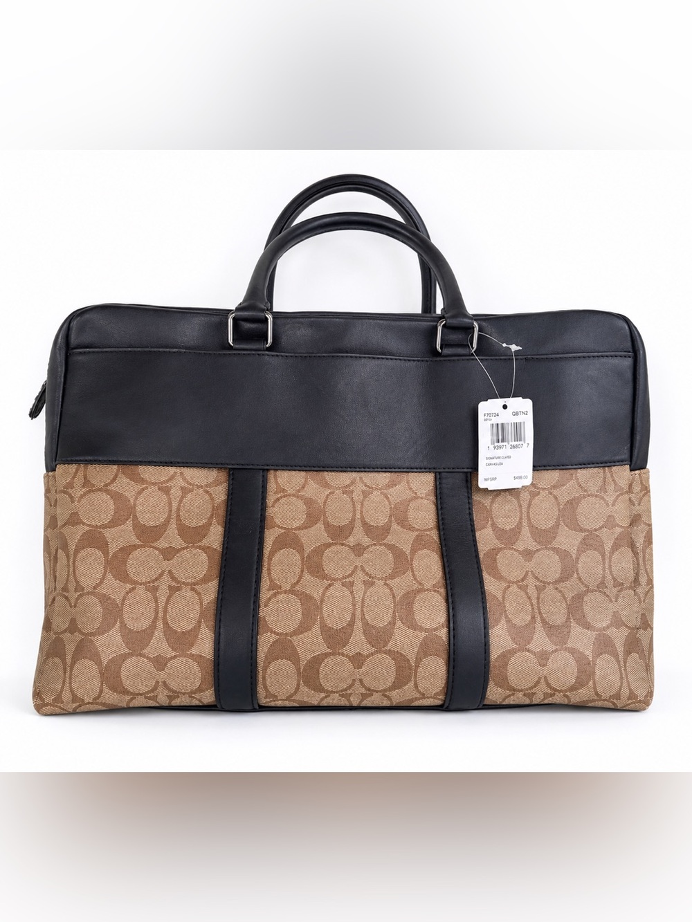 NWT Coach Brown Signature Canvas Briefcase with Black Leather Trim